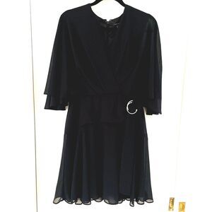 Alex Marie Carissa Women's Black Chiffon V-Neck Flutter Cape Sleeve Dress Sz 8